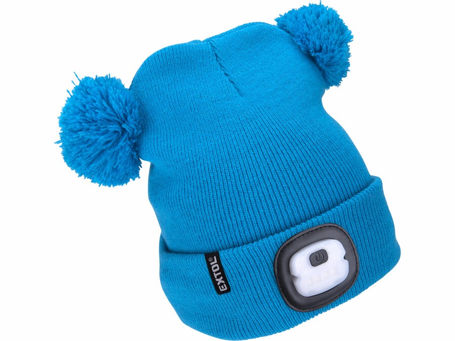 Čepice s čelovkou 4x25lm, USB nabíjení, modrá s bambulemi, dětská 43459